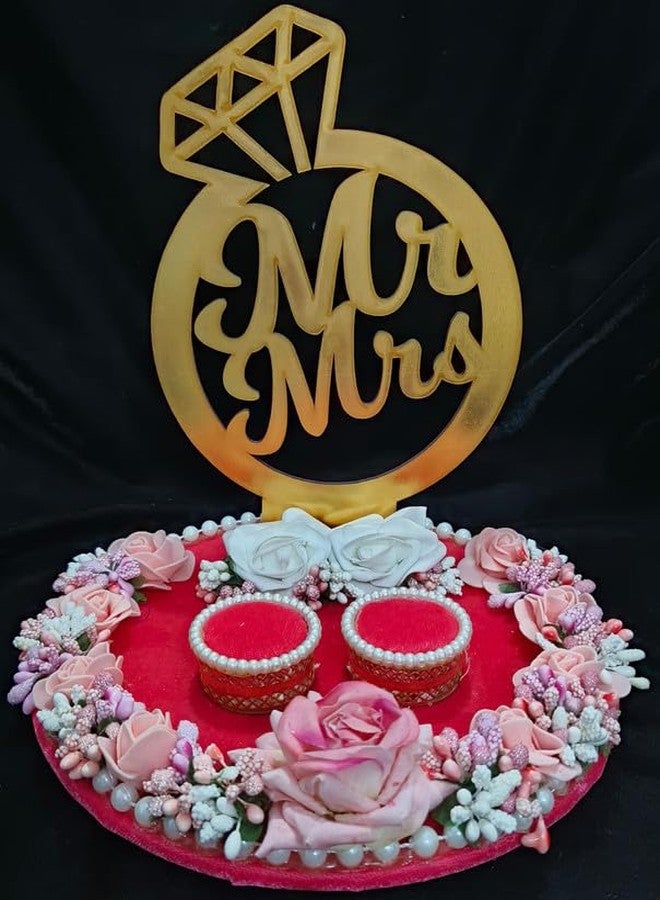 Mridang Handmade Mr. & Mrs. Engagement Ring Tray Holder Platter with Beautiful Floral Work(Anniversary/Engagement/Wedding Ring Platter/Decorative Tray/Marriage Decor) - Image 1